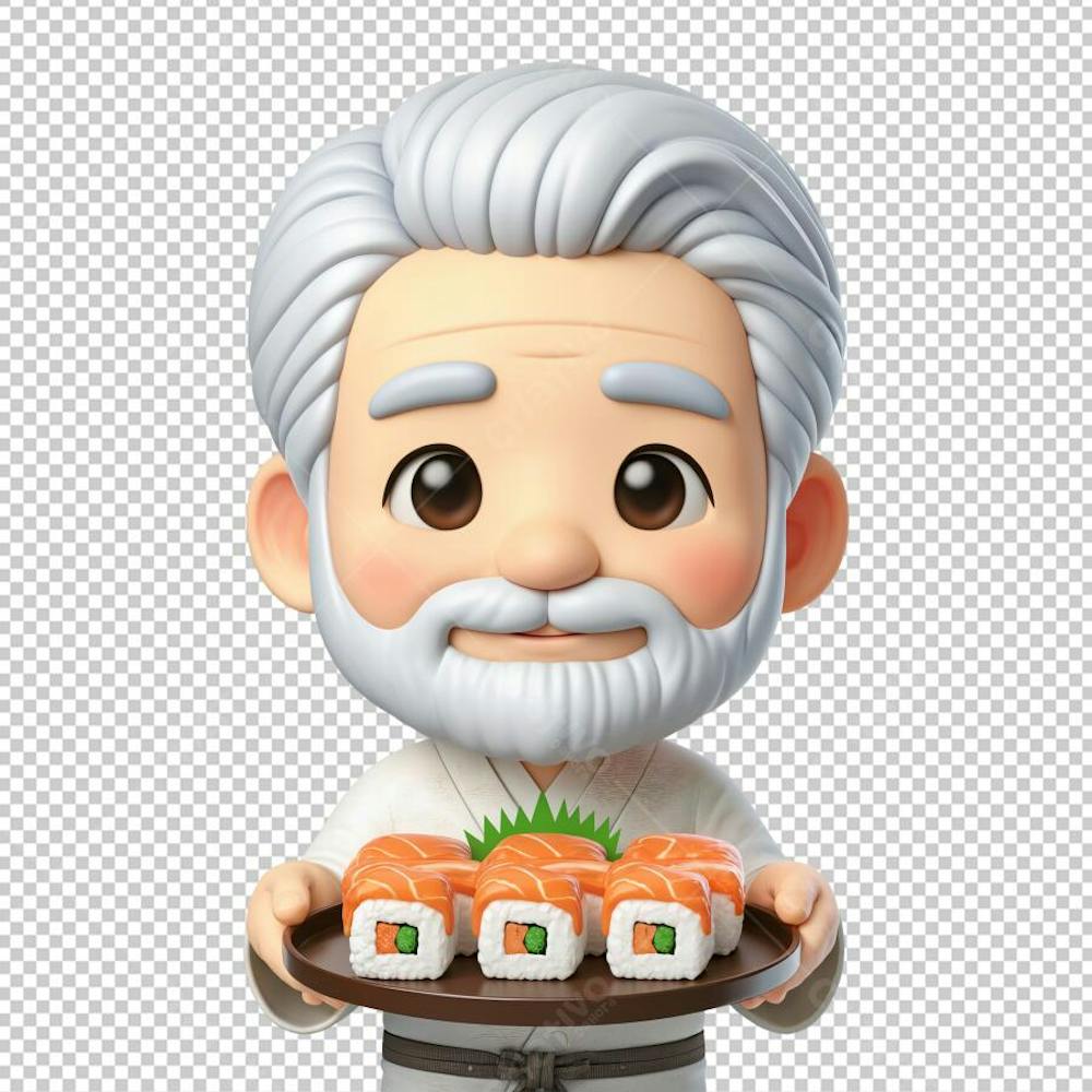 Idoso Segurando Sushi Renderizado em Estilo Pixar