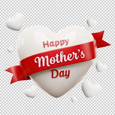 Coração Happy Mothers Day Branco com Fita Vermelha Renderizado em 3D