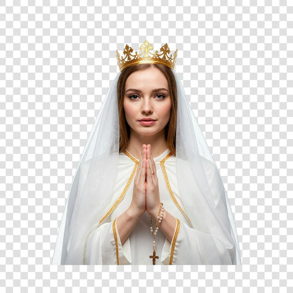 Mulher representando a Nossa Senhora De Fátima com manto branco e véu coroa dourada Expressão serena e orante