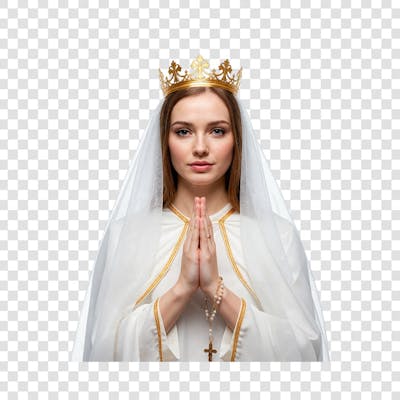 Mulher representando a Nossa Senhora De Fátima com manto branco e véu coroa dourada Expressão serena e orante
