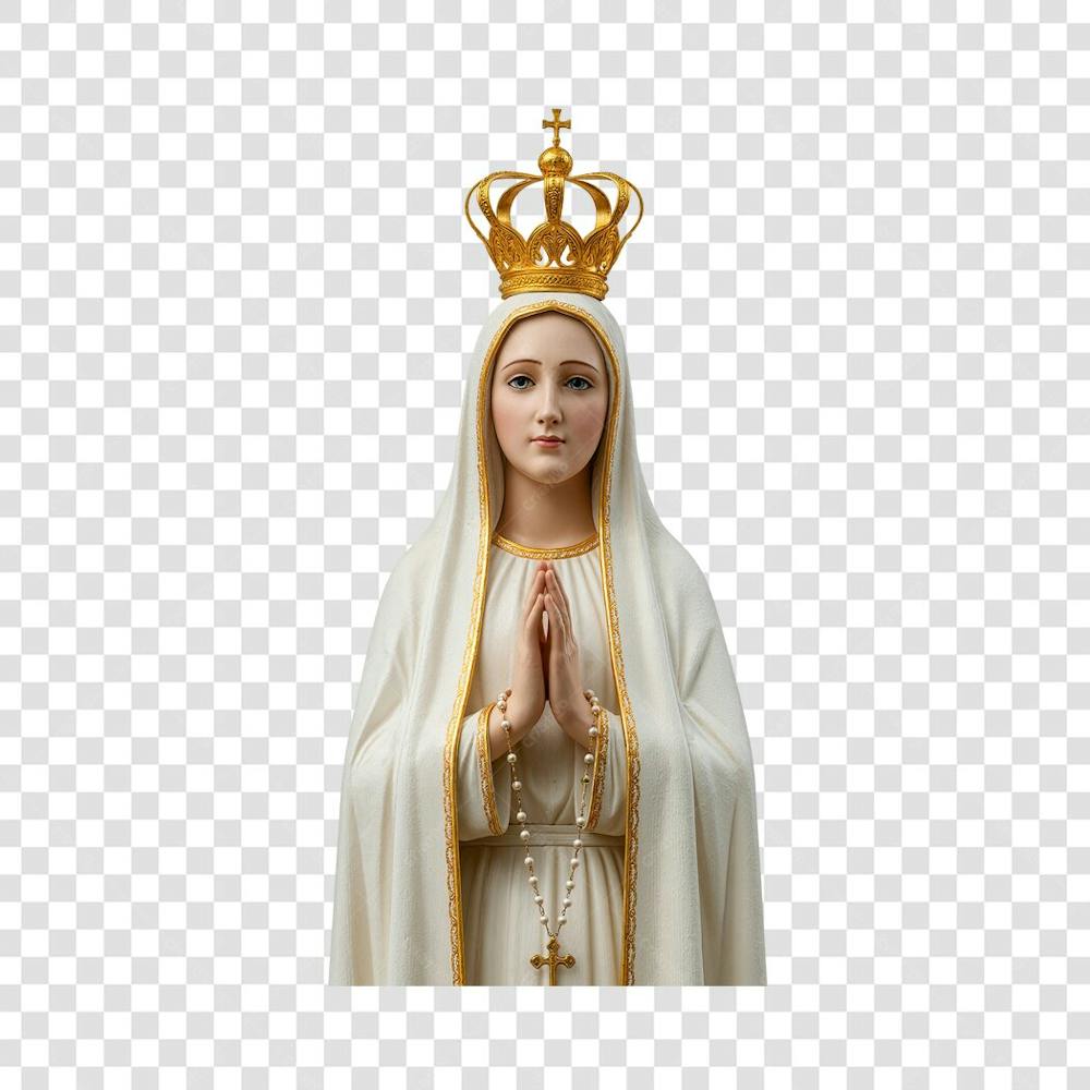 Nossa Senhora De Fátima com manto branco e véu coroa dourada Expressão serena e orante