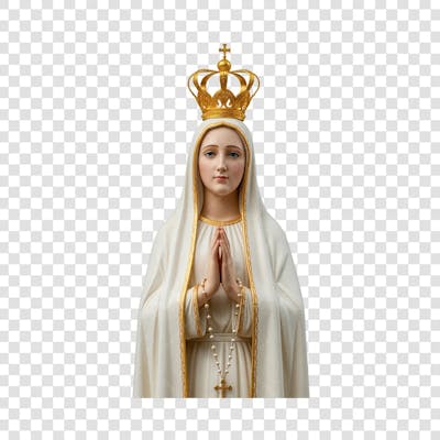 Nossa Senhora De Fátima com manto branco e véu coroa dourada Expressão serena e orante