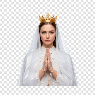 Mulher representando a Nossa Senhora De Fátima com manto branco e véu coroa dourada