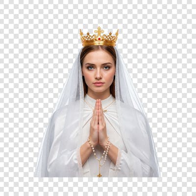 Mulher representando a Nossa Senhora De Fátima com manto branco e véu coroa dourada