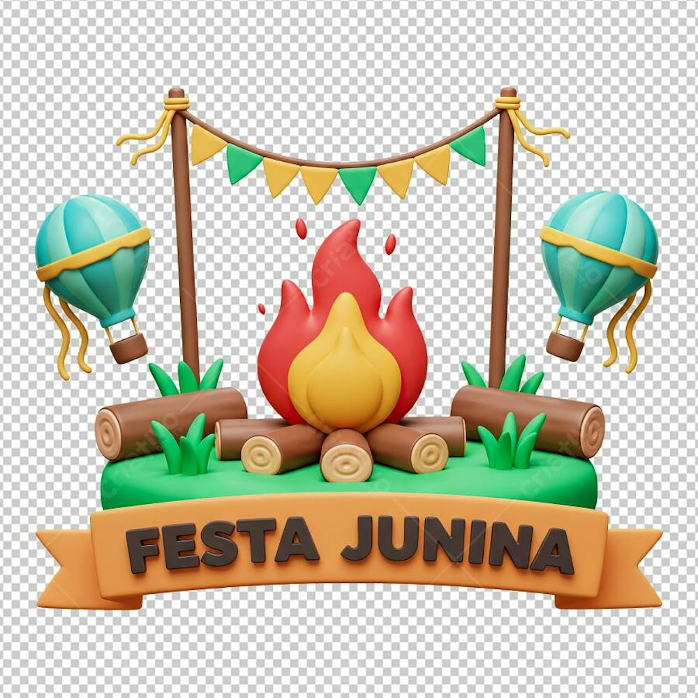 Fogueira Festa Junina Cenário com Balões e Bandeirolas Renderizado em 3D