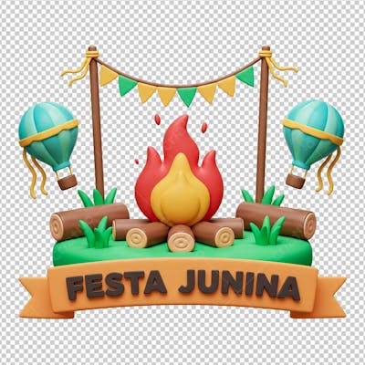 Fogueira Festa Junina Cenário com Balões e Bandeirolas Renderizado em 3D