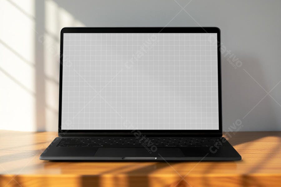Mockup Notebook Preto em Mesa de Madeira Clara