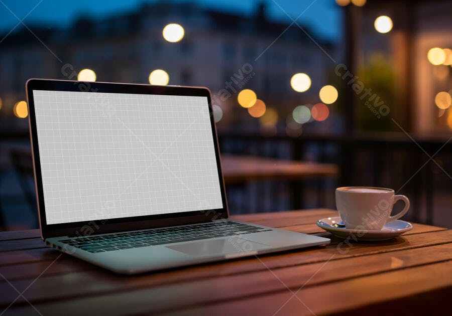 Mockup Notebook e Café: Design Moderno em Ambiente Noturno