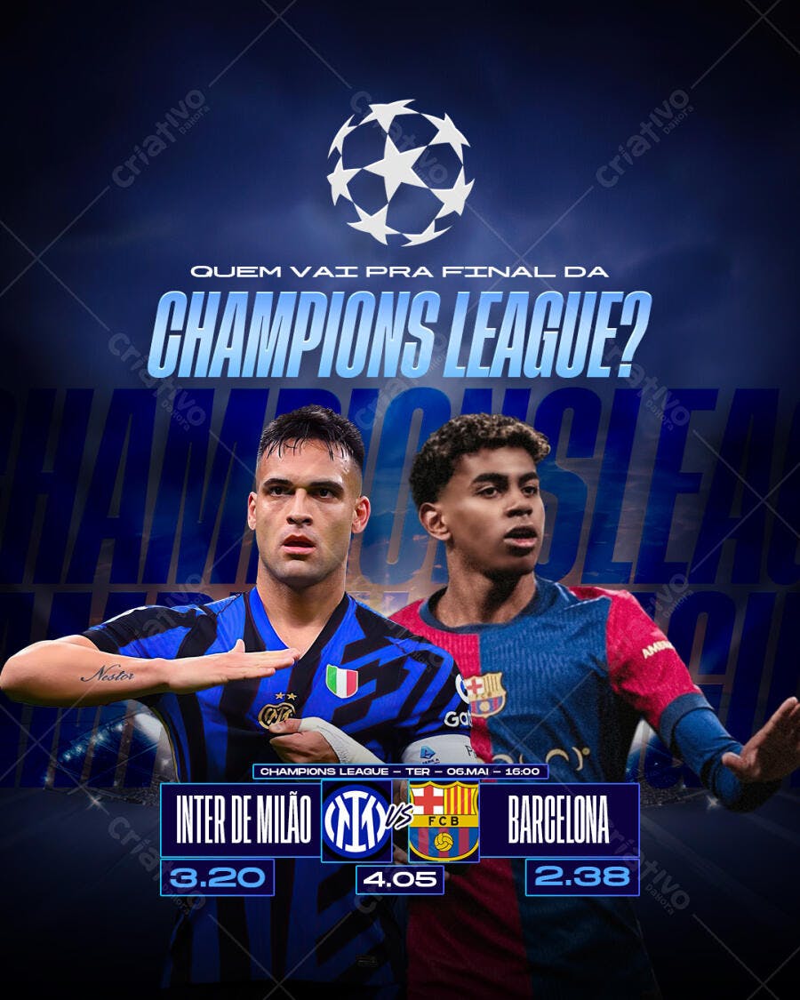 Flyer Champions League Inter x Barcelona PSD Editável