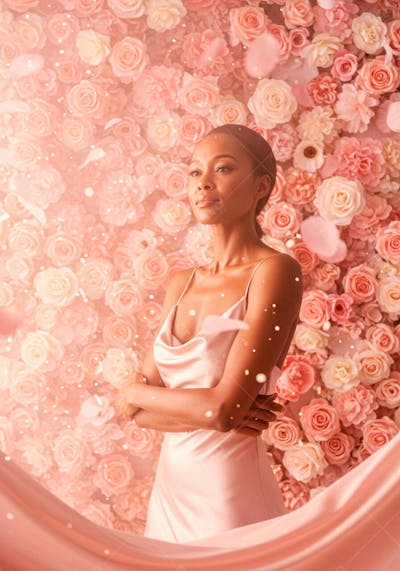 Mulher com flores ao fundo para composição