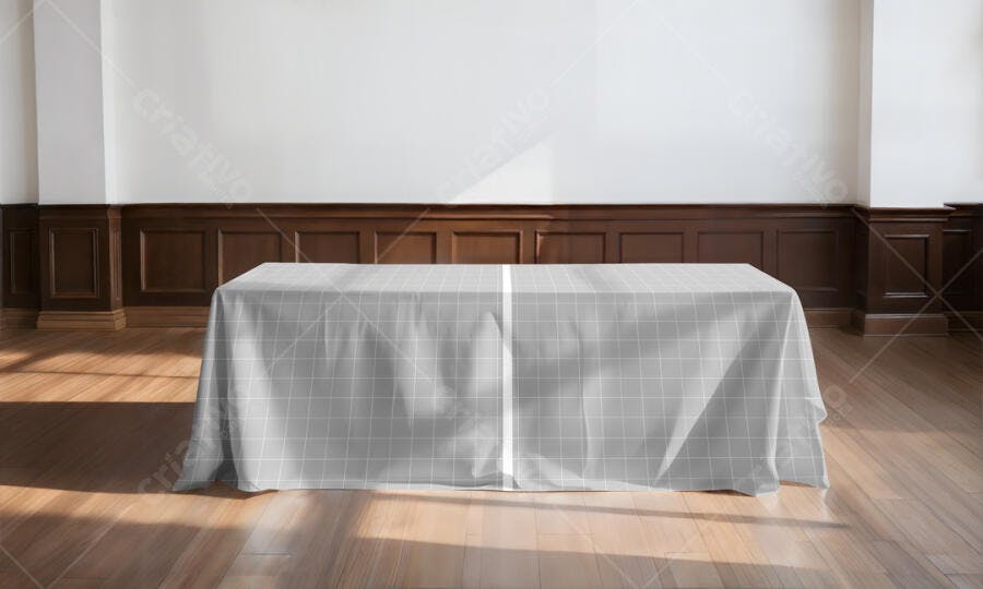 Mockup Mesa com Toalha Cinza e Padronagem Quadriculada