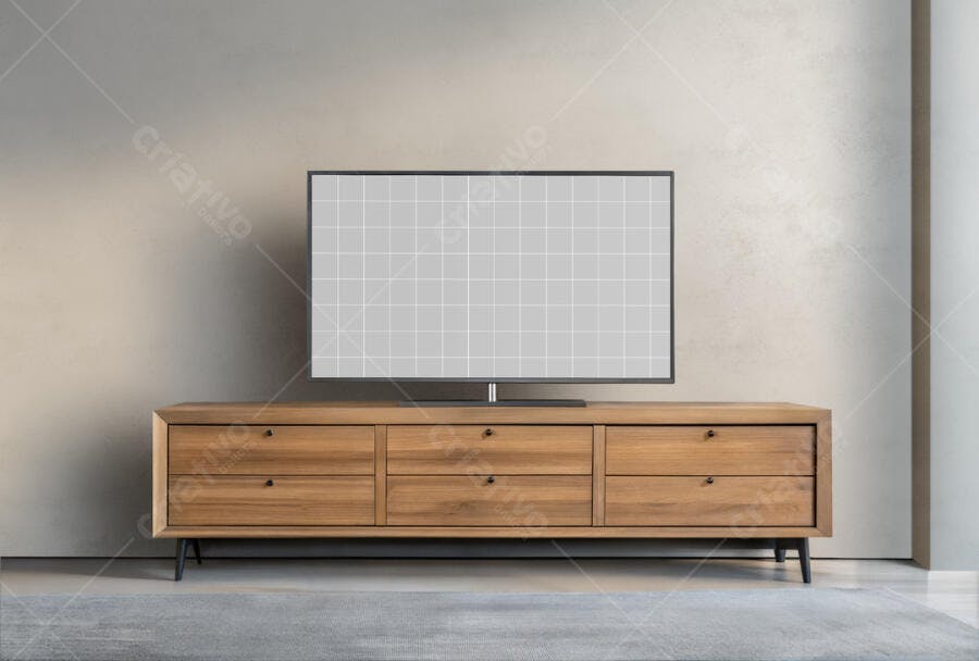 Mockup de Smart TV em Rack de Madeira Moderno