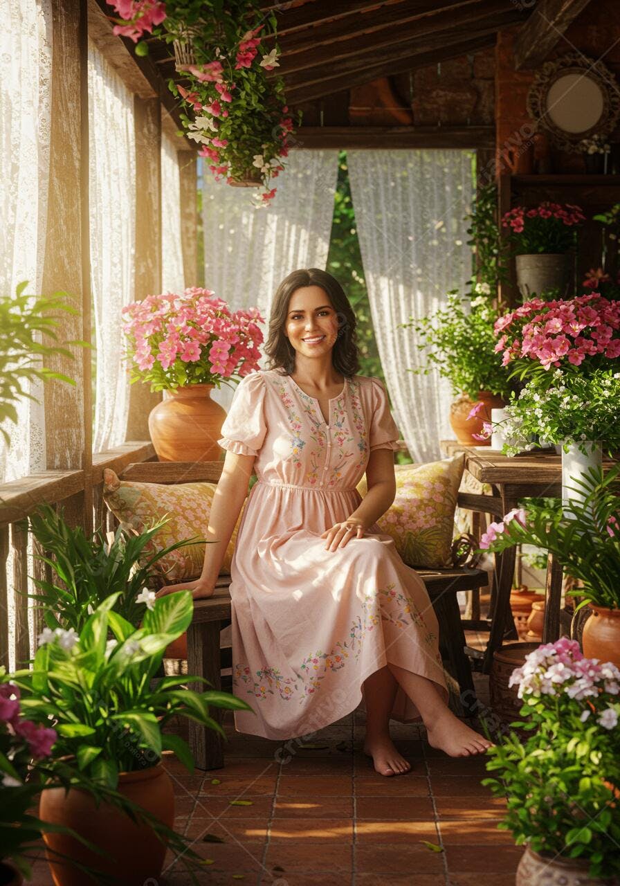 Mulher em vestido rosa em varanda florida