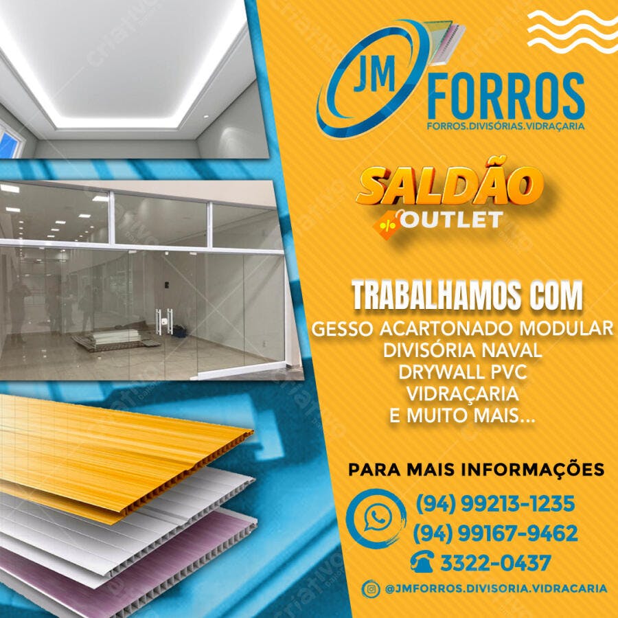Flyer para Saldo de Forros, Divisórias e Vidraçarias PSD Editável