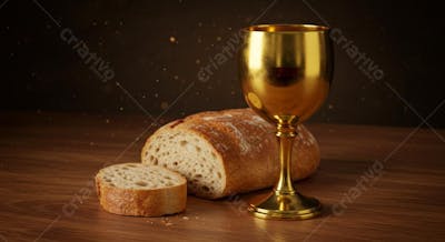 FOTO REALISTA DE UMA TAÇA DE OURO E UM PÃO SIMBOLIZANDO A SANTA CEIA