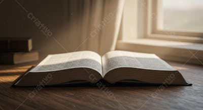 FOTO DE UMA BIBLIA SAGRADA SOBRE UMA MESA DE MADEIRA