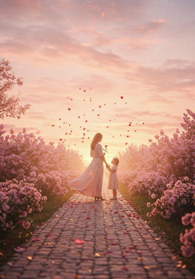 Mãe e filha em um jardim florido para composição