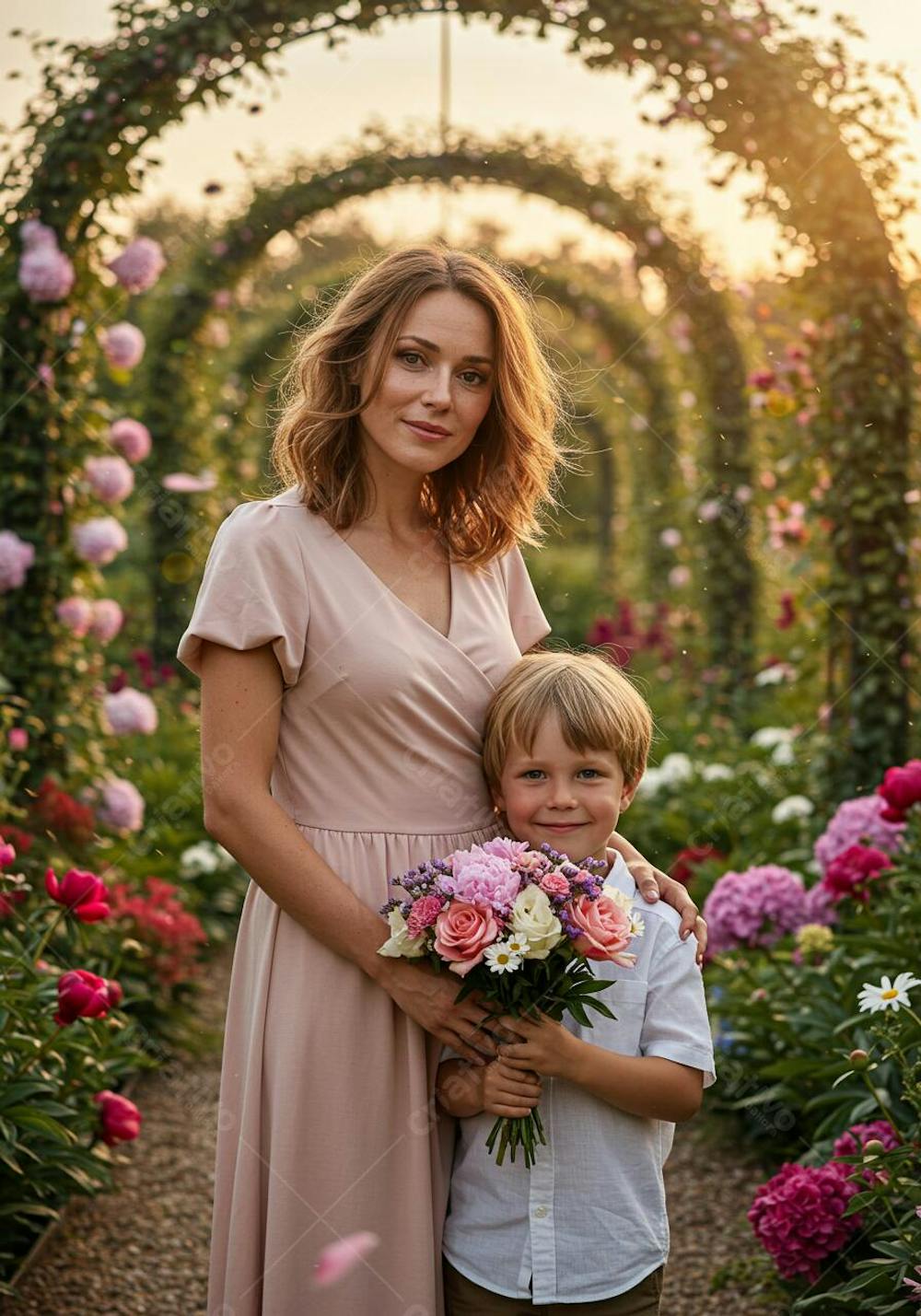 Mãe e filho com flores em um jardim florido para composição