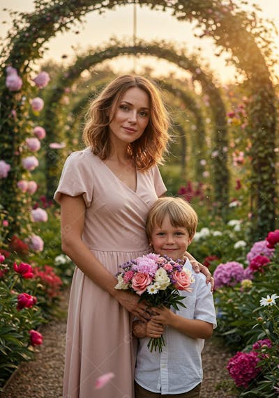 Mãe e filho com flores em um jardim florido para composição