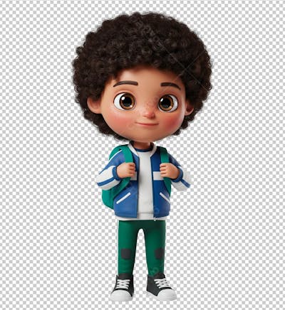 Menino de Cabelos Cacheados Vestindo Uniforme Escolar Renderizado em 3D