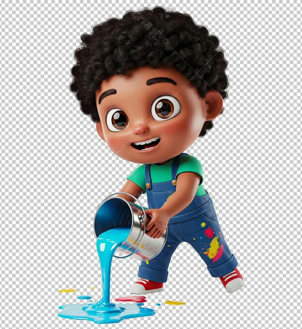 Personagem em 3D Criança de Cabelos Cacheados Brincando com Tinta