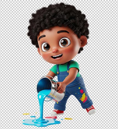Personagem em 3D Criança de Cabelos Cacheados Brincando com Tinta