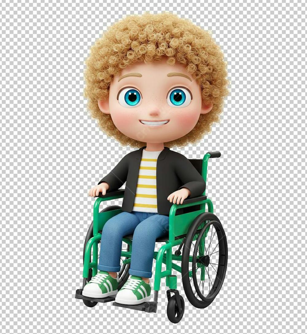 Personagem em 3D Criança de Cabelos Cacheados Cadeirante