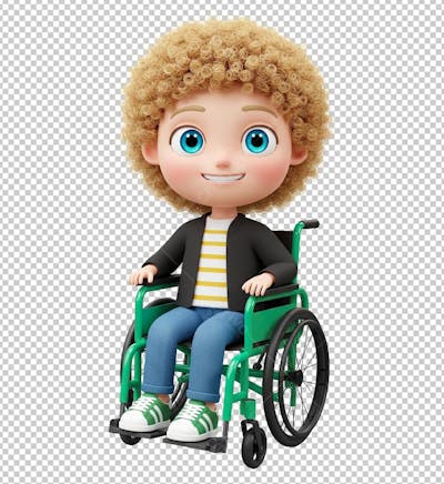 Personagem em 3D Criança de Cabelos Cacheados Cadeirante