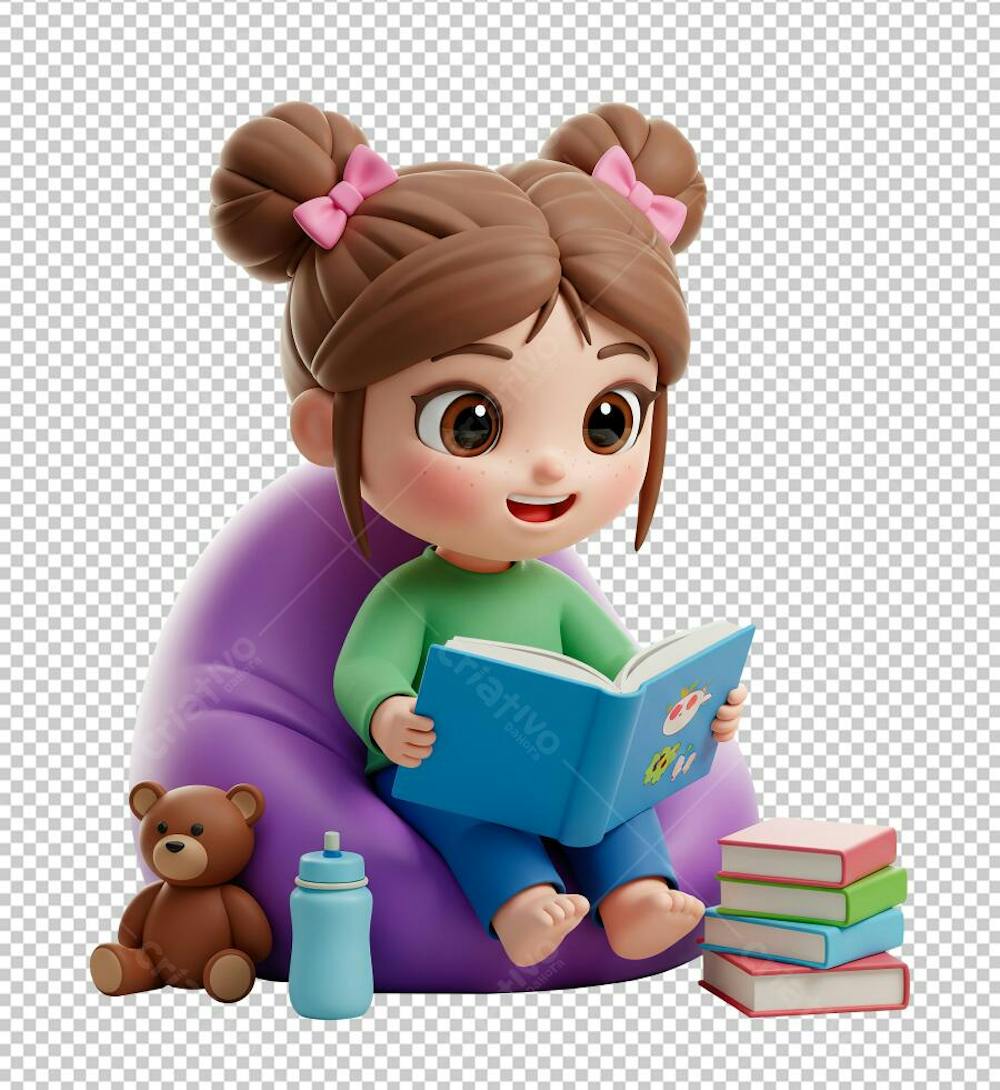 Menina Lê Livro com Seu Ursinho de Pelúcia Estilo Pixar