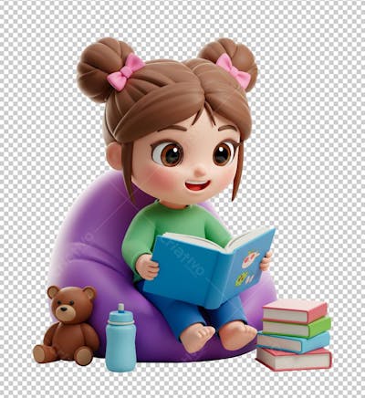 Menina Lê Livro com Seu Ursinho de Pelúcia Estilo Pixar