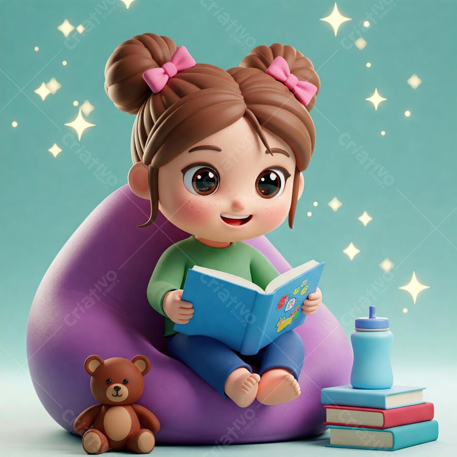 Menina lendo livro em pufe roxo