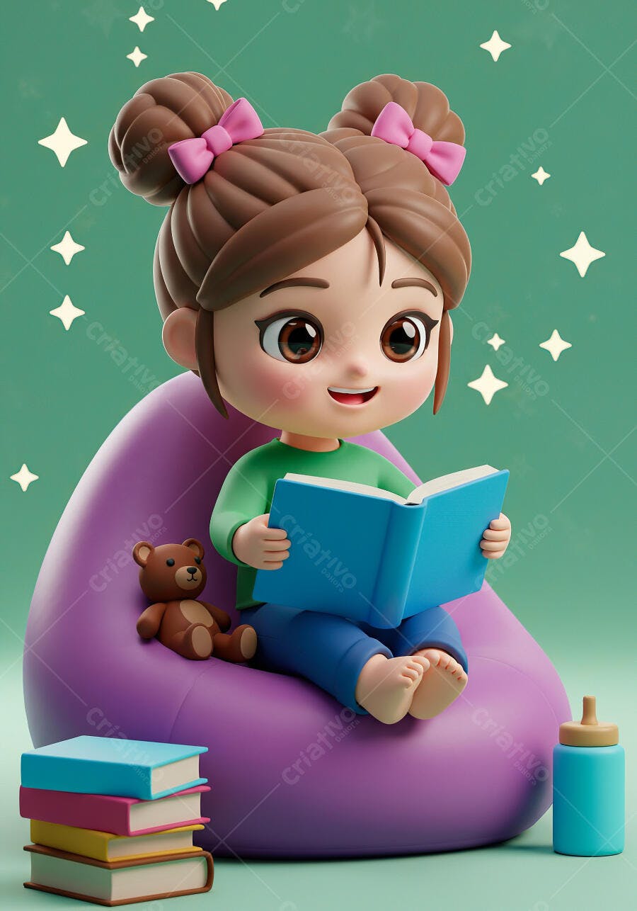 Menina lendo livro em pufe roxo