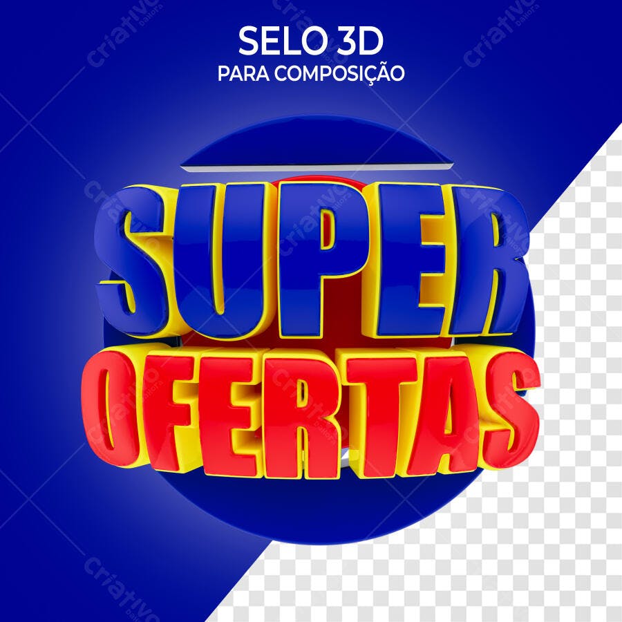 Selo 3D promocional Super Ofertas azul vermelho amarelo