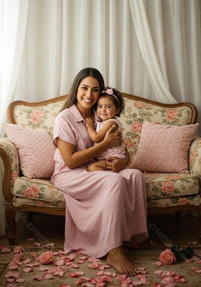 Mulher e filha sentada em um sofá para composição