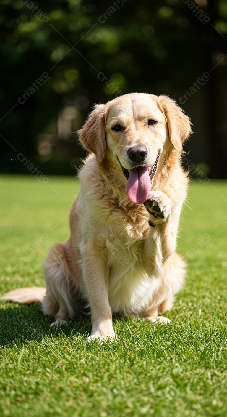 Golden Retriever fofo na grama dando a pata