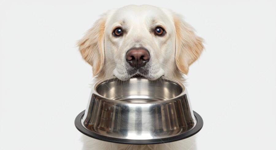 Cachorro Golden Retriever com tigela vazia