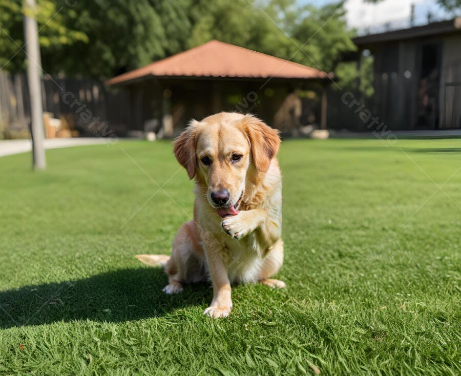 Cachorro Golden limpando a pata em gramado