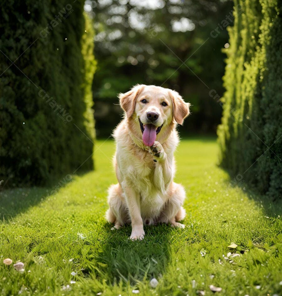 Golden Retriever feliz em jardim ensolarado