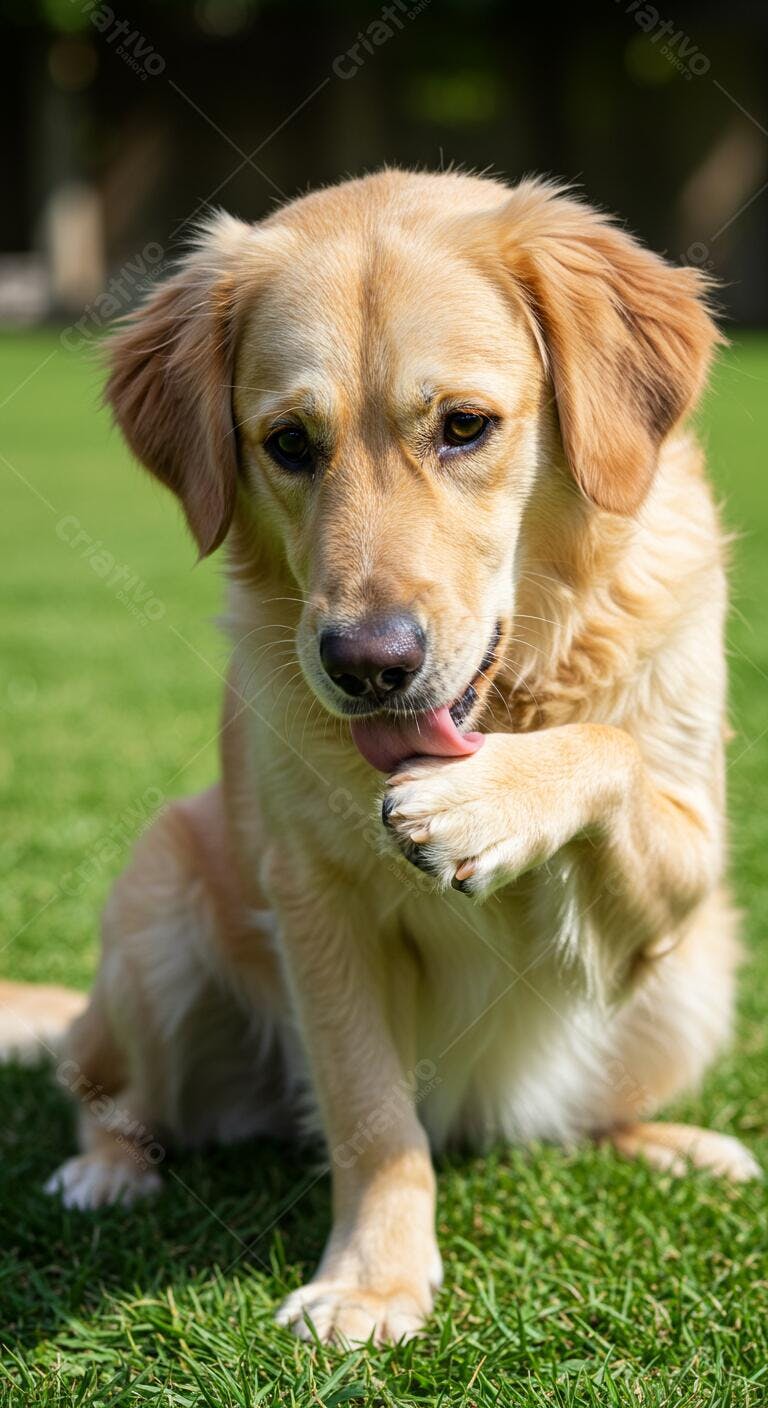 Cachorro Golden Retriever limpando a pata em gramado