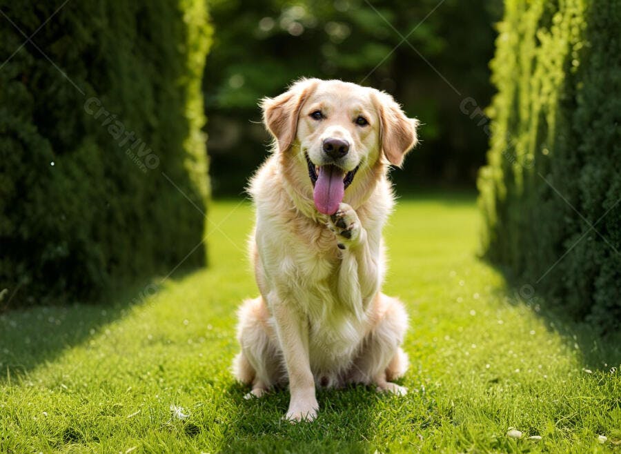 Golden Retriever feliz em jardim ensolarado