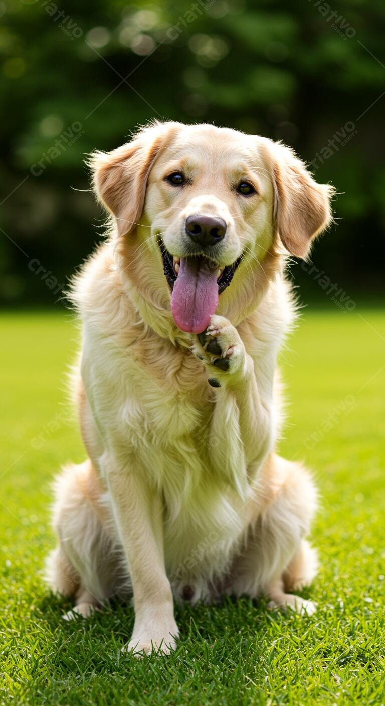 Golden Retriever feliz dando a pata em gramado