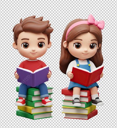 Crianças Lendo Livros na Escola Estilo Pixar