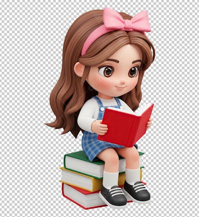 Personagem Menina Criança Lendo Livros em 3D