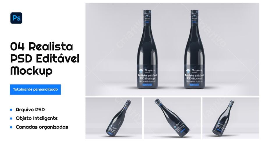 Mockup Realista de Garrafa de Vinho Negra
