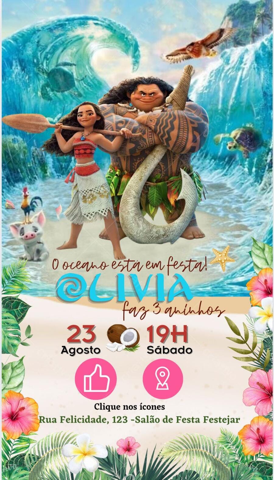 Convite de Aniversário Moana com tema Oceano Editável no Canva
