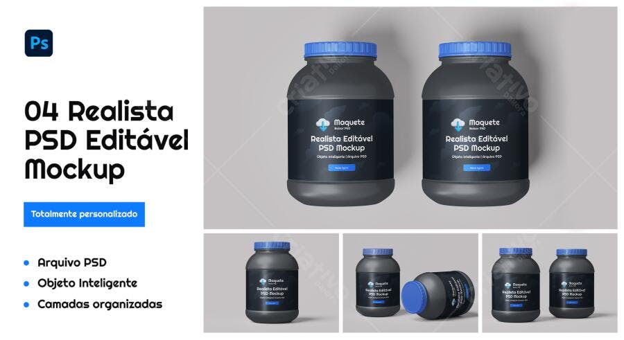 Mockup Realista de Pote de Suplemento: Preto e Azul