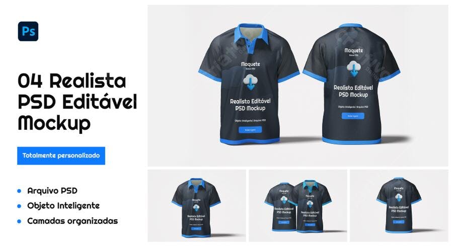 Mockup Camiseta Polo: Realista, Azul e Preto