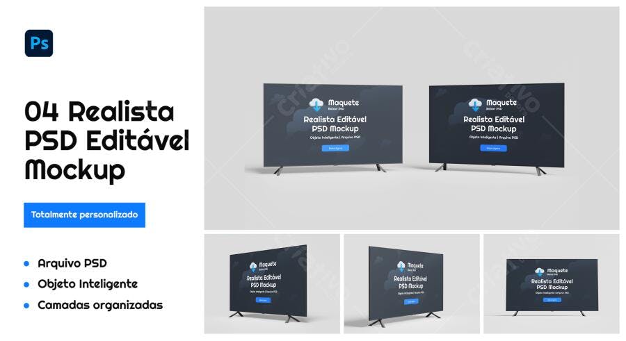 Mockup Realista de Smart TV: 4 Visões em Preto e Cinza