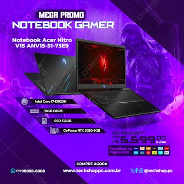 Feed Post Venda de Notebook Gamer Social Media