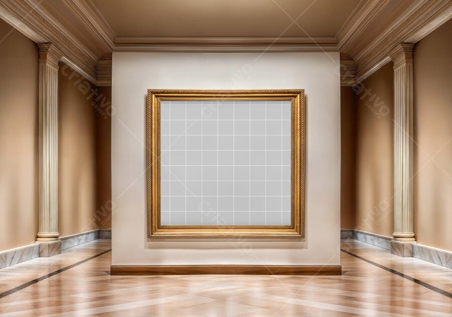 Mockup Quadro Dourado em Galeria de Arte